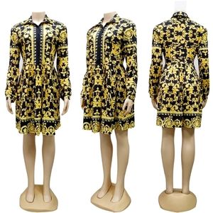 Gold Flora Printed Dresses Designer Vintage Long Sleeve Casual Dress